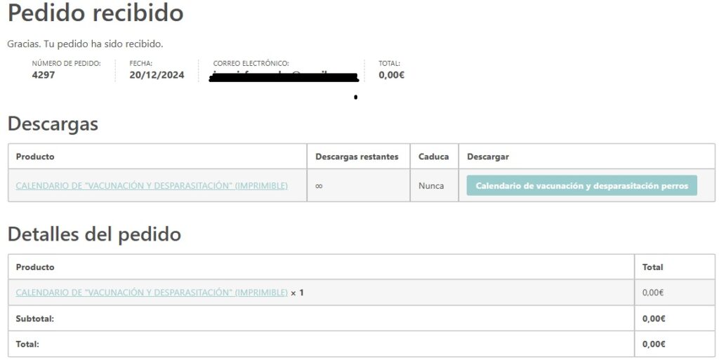Ejemplo pedido - Calendario de vacunación y desparasitación